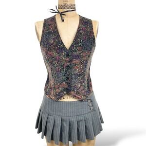 Vintage ILGWU Union Made Velvet Vest Floral Button Down 1970's Retro Boho Size S